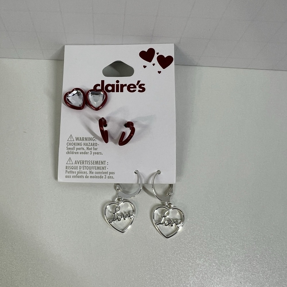 Claire's Heart Earrings Love Drop‎ Red Silver Valentines Day Set Rhinestone